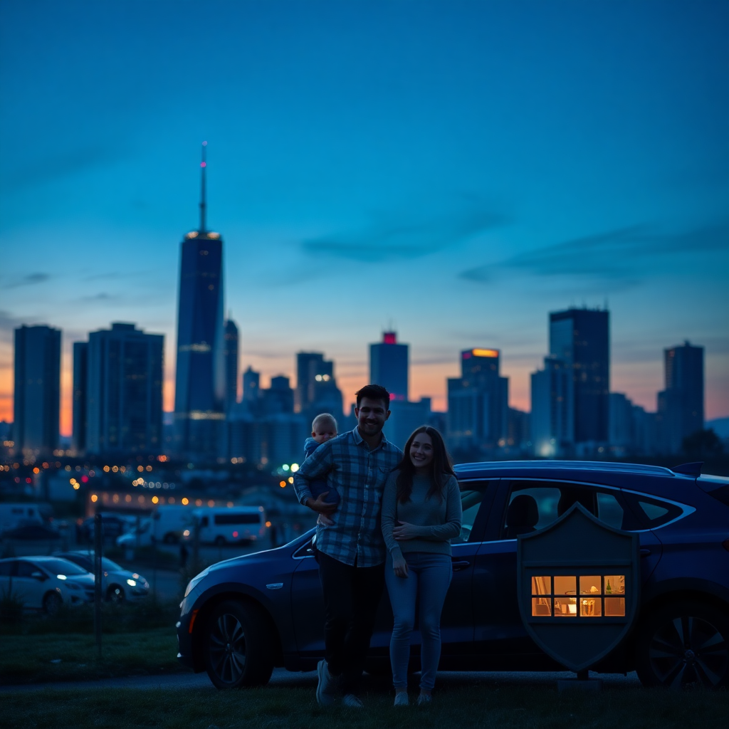 professional insurance concept, modern city skyline at dusk, happy family in foreground