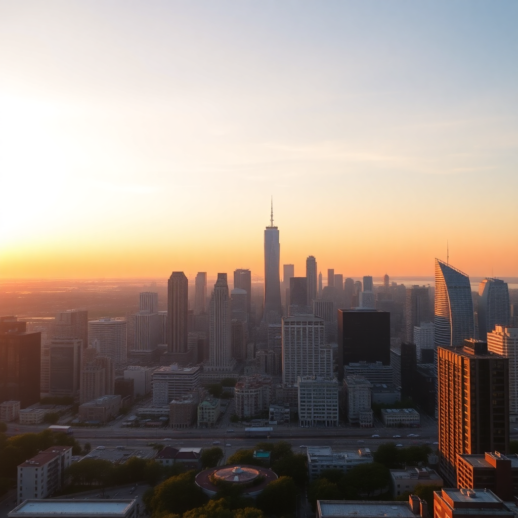 modern city skyline at dusk, warm golden hour light, professional insurance concept